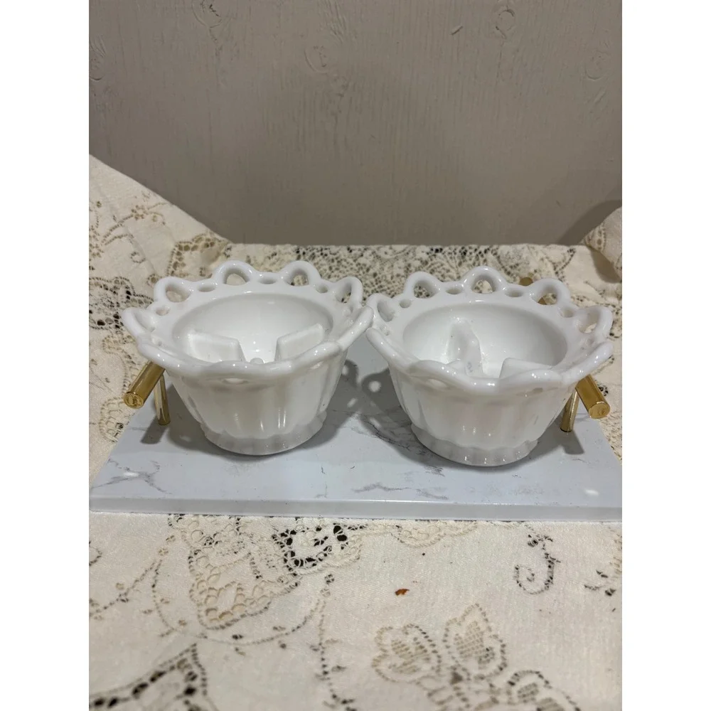 Vintage White Milk Glass Lace Edge Taper Candle Holders Set of 2